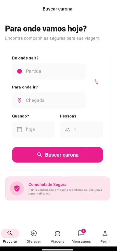 Tela inicial do ElasVão mostrando busca de carona